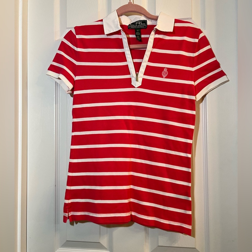 🦋 Lauren Ralph Lauren dark pink  and White Polo Blouse size xsmall